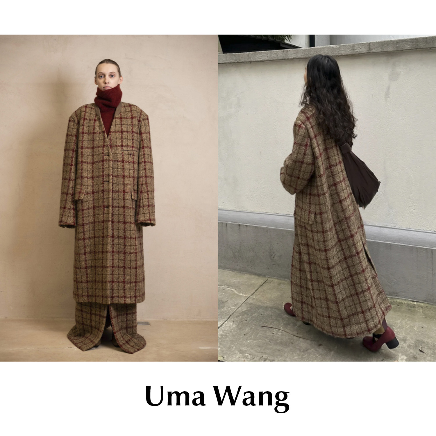 CETTCE 现货 Uma Wang 羊毛混纺格纹针织开襟式垫肩大衣Crossword