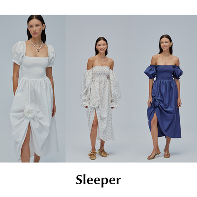 CETTCE 现货 Sleeper 复古玫瑰花卉泡泡袖露肩褶皱连衣裙度假风