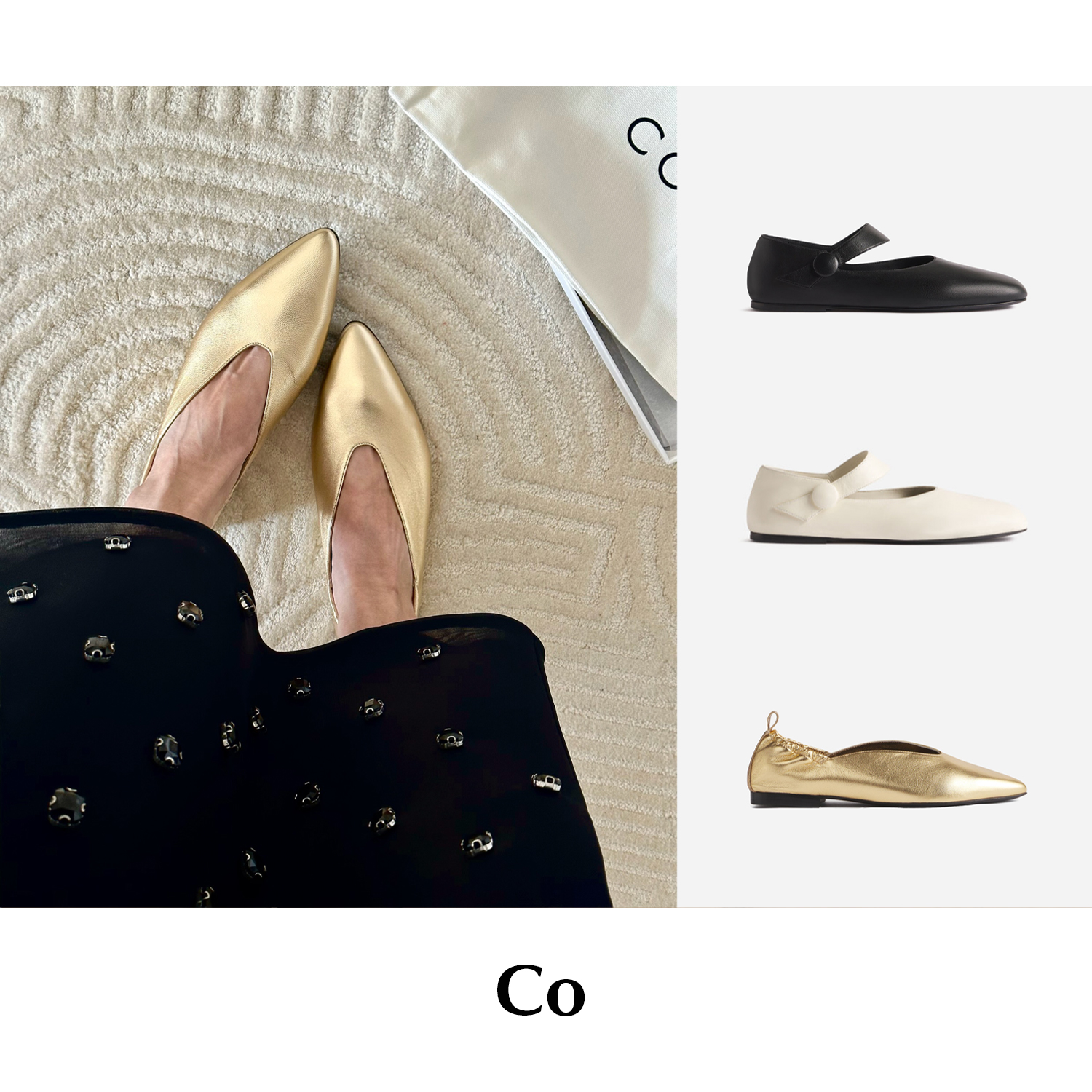 CETTCE 现货 CO 黑白一字带 金色尖头平底玛丽珍芭蕾鞋