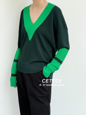 现货AMI拼色针织衫粘纤