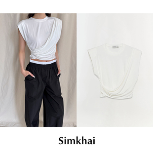 【SALE】CETTCE 现货 Simkhai 褶皱平纹圆领无袖交叉短款T恤上衣