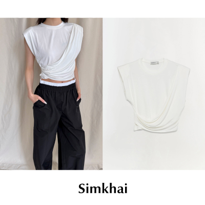【SALE】CETTCE 现货 Simkhai 褶皱平纹圆领无袖交叉短款T恤上衣