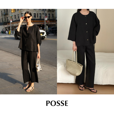 CETTCE 现货 Posse  亚麻圆领纽扣长袖衬衫高腰阔腿休闲长裤套装