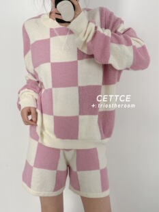 【SALE】CETTCE 折扣现货 Nanushka 棋盘格混纺针织毛衣短裤套装