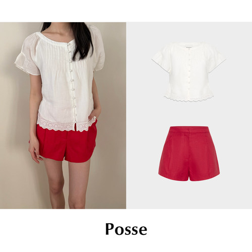 【SALE】CETTCE 现货 Posse 亚麻蕾丝短袖上衣纯色高腰褶皱短裤