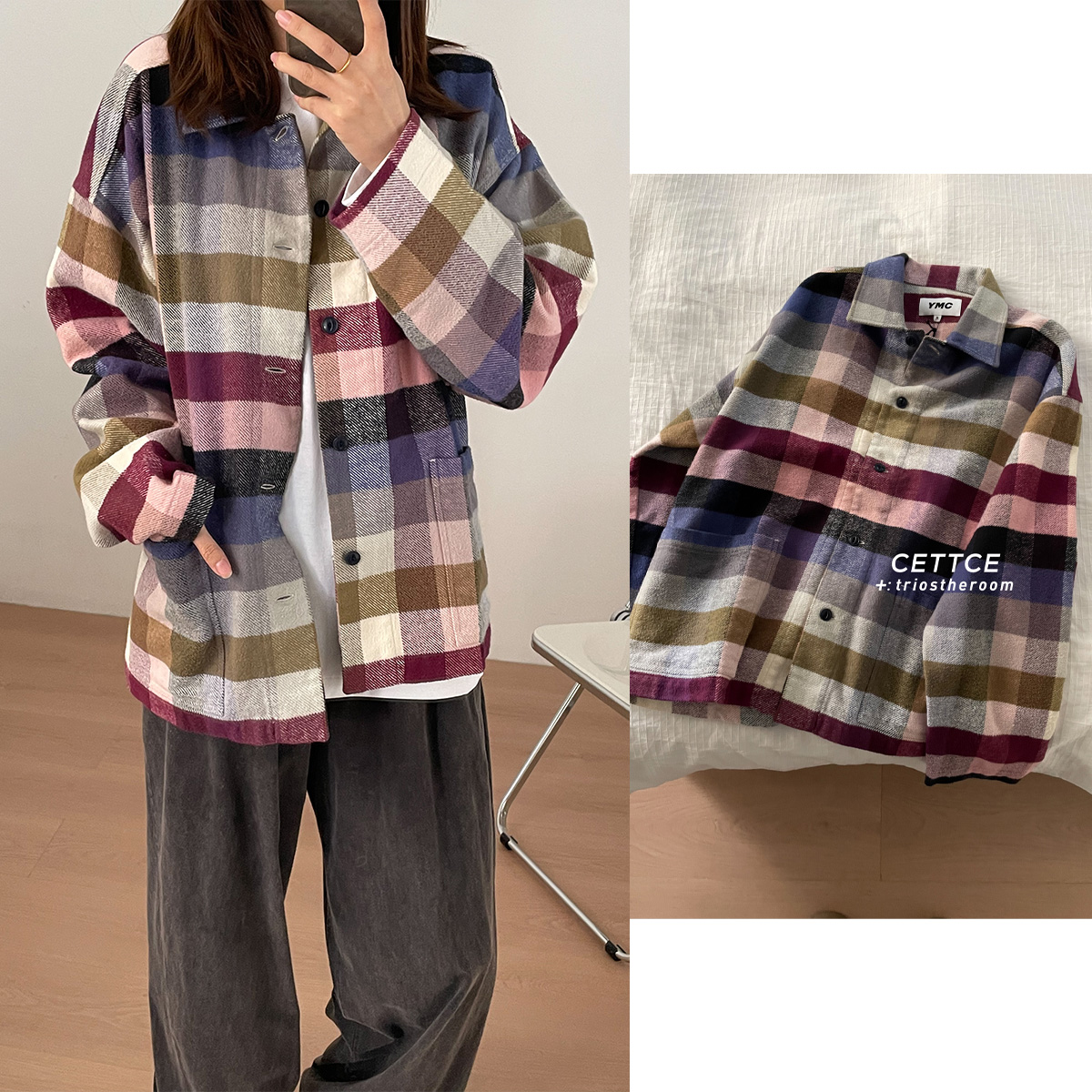 【SALE】CETTCE 现货 YMC 复古纯棉拼色格纹单排扣贴袋衬衫外套