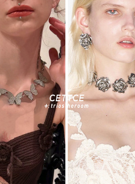 CETTCE 现货 Blumarine 24新款晶饰蝴蝶玫瑰花卉logo吊饰项链