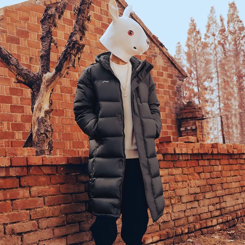 李宁冬季羽绒服男长款保暖鸭绒连帽加厚情侣过膝休闲外套YYMU149