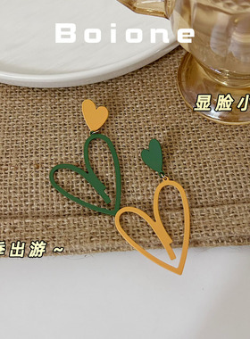 boione春夏黄绿色撞色爱心耳环夸张甜酷辣妹三角耳夹三亚度假耳饰