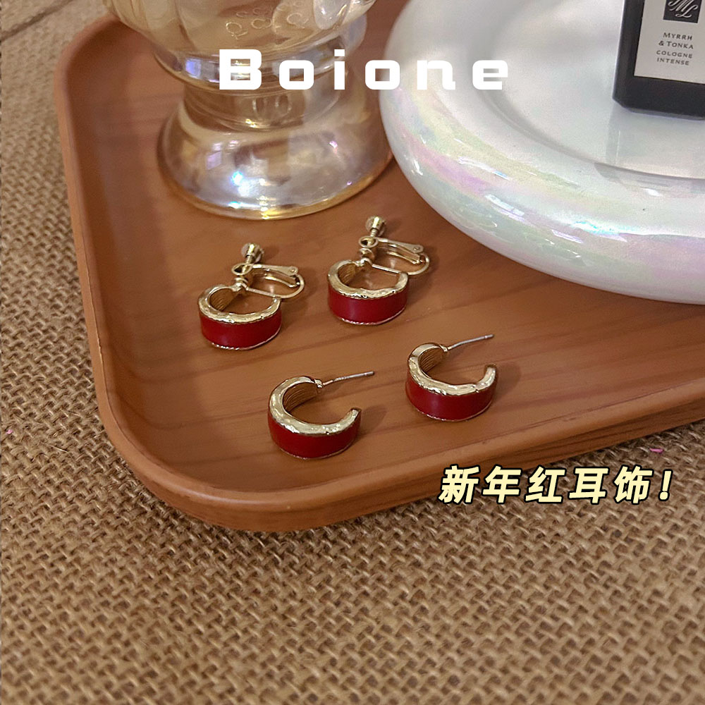复古显白酒红色C型耳圈螺旋耳夹