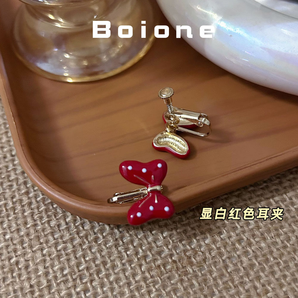 复古甜美红色蝴蝶结耳夹狂甩不掉