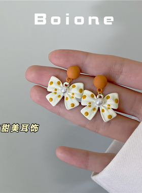 boione富家千金甜美公主风姜黄色波点蝴蝶结耳环耳夹温柔气质耳饰
