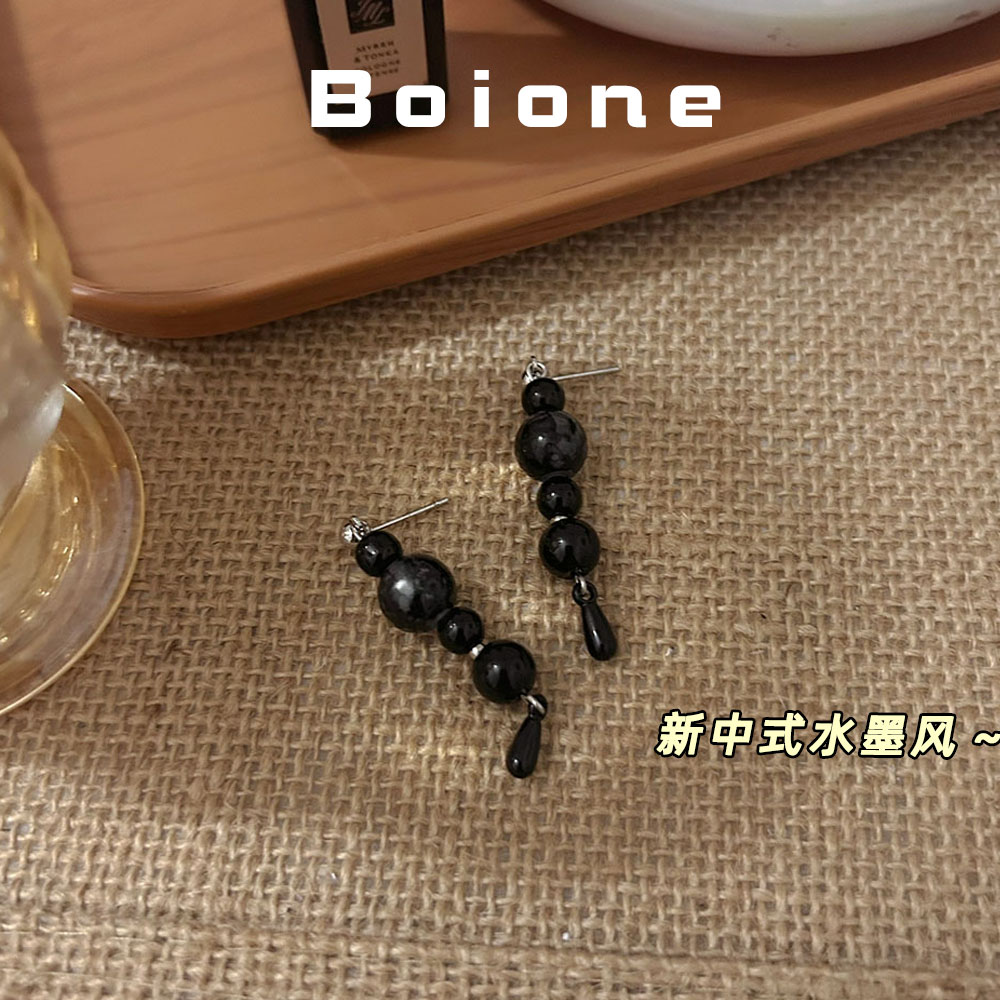 新中式墨韵黑色流苏耳夹无耳洞