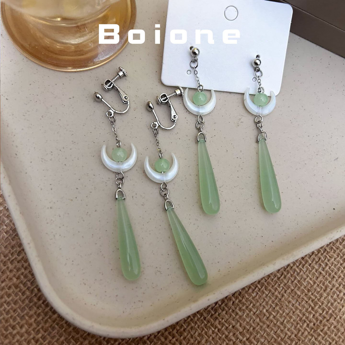 【实拍】新中式绿色流苏螺旋耳夹