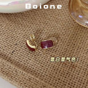 boione复古显白酒红色几何蚊香盘耳夹耳钉高级感小众简约日常耳环