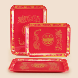 密胺托盘长方形塑料端茶水杯子盘仿瓷结婚敬茶红色托盘喜盘果盘子