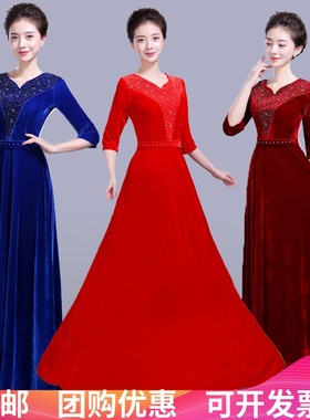 新款金丝绒大合唱礼服演出服装女长裙成人修身中老年合唱团指挥服