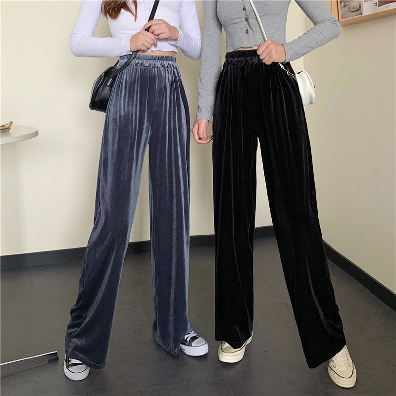 Real shot net red autumn and winter elastic waist loose high waist down feeling velvet floor dragging pants women's casual pants