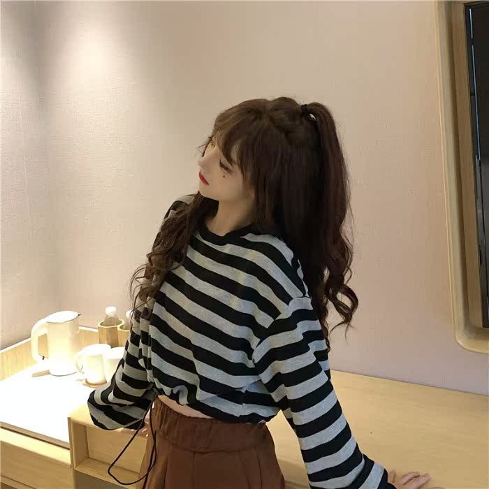 Real shot 6535 Fishscale Cotton autumn new Korean T-shirt striped top short sweater woman