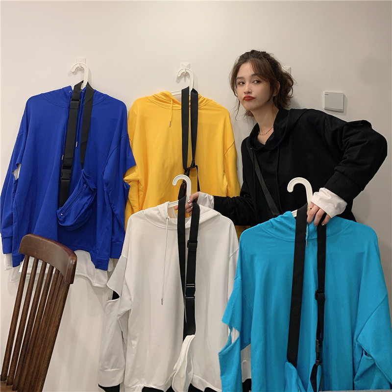 Real shot 6535 fish scale cotton Korean small satchel decoration splicing fake two piece hooded autumn loose sweater woman