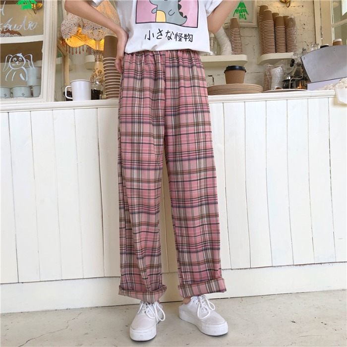 Real shot of polyester fiber new loose casual plaid pants for women in spring