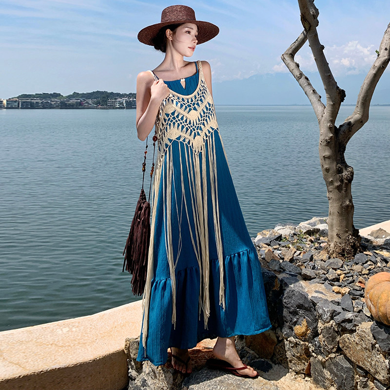 实拍新款度假风流苏设计感跌穿镂空罩衫吊带连衣裙夏季时尚两件套