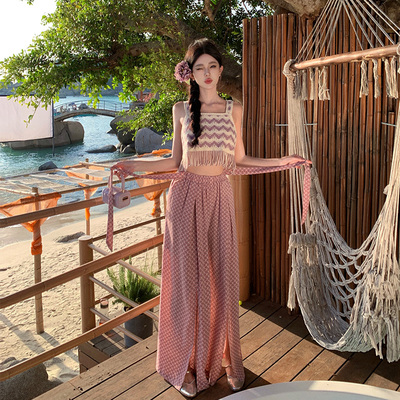 云南三亚旅游波西米亚风紫粉格子高腰阔腿裤海边度假流苏吊带套装