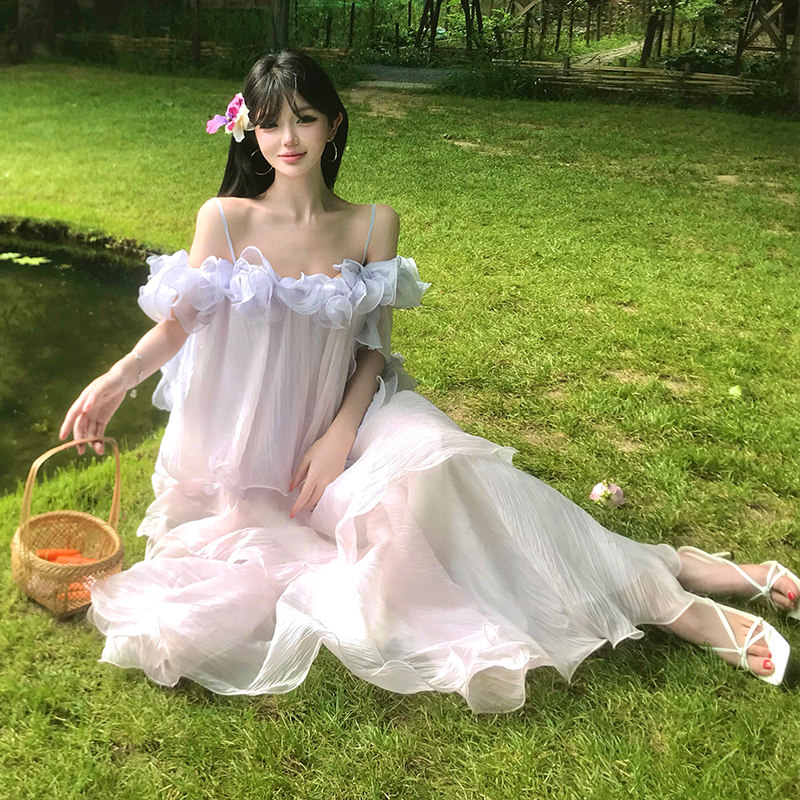 仙境之桥~氛围感立体荷叶边肌理光泽仙女裙渐变紫度假连衣裙女图片