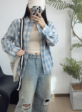 慵懒风蓝色格子衬衫女夏季2025新款韩系宽松休闲长袖防晒薄款上衣