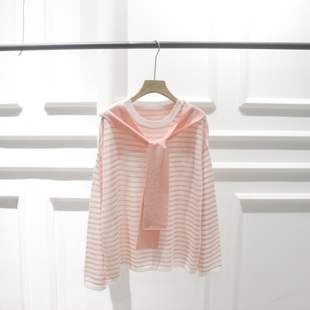 韩国订春夏装新款圆领条纹假两件套披肩针织衫系带套头衫女