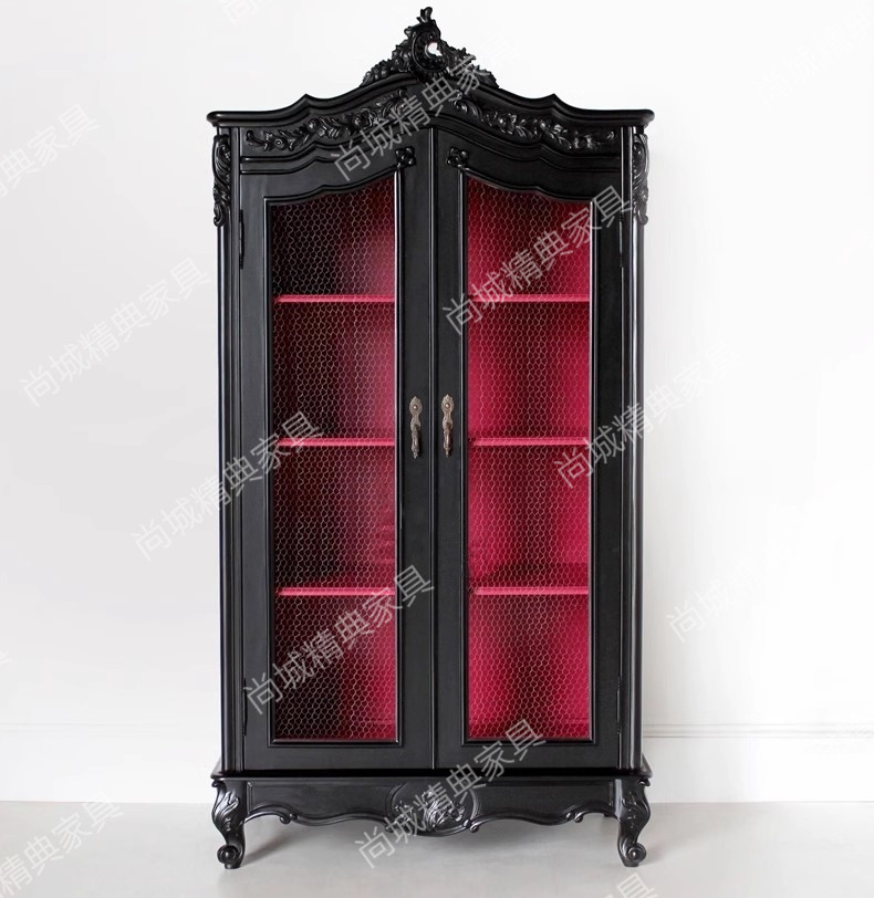 法式复古实木双门酒柜实木雕花陈列柜家用靠墙边柜黑色展示柜出口