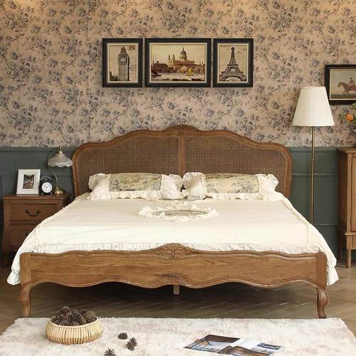 美式法式复古藤编雕花床