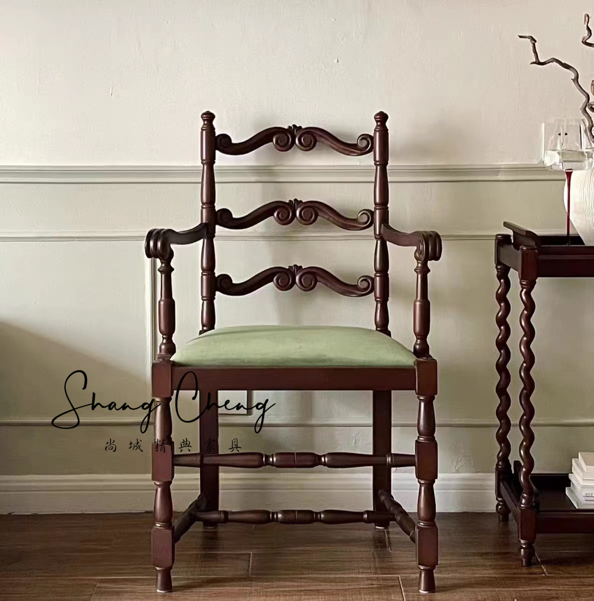 高端定制美式实木中古法式复古做旧罗马柱餐椅梳妆椅定制设计师椅