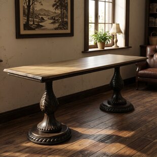 中古风实木餐桌长方形双柱仿古做旧客厅桌子复古家用饭桌可定制