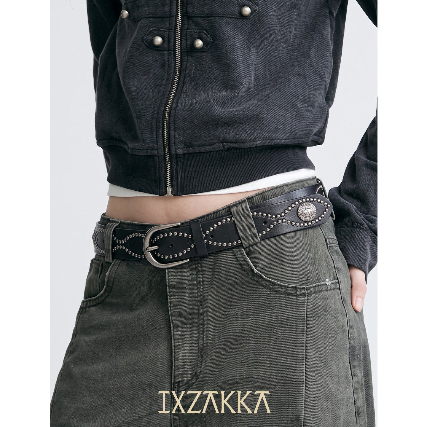 IXZAKKA复古铆钉牛皮针扣腰带