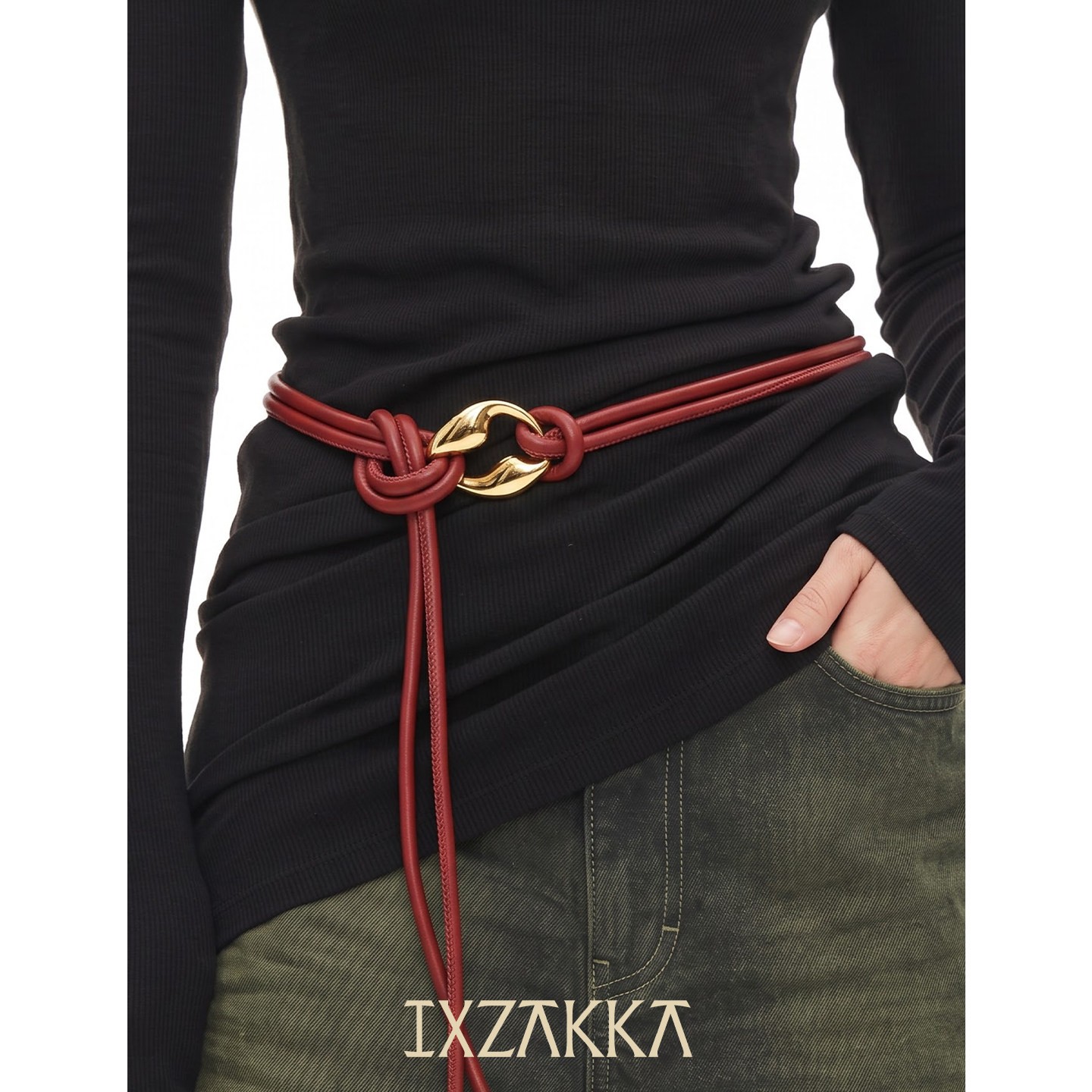 IXZAKKA女羊皮细绳金扣腰带