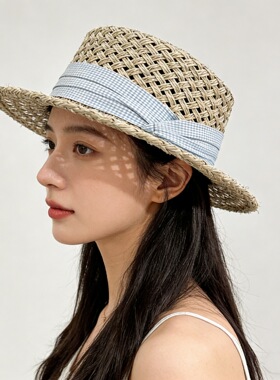 法式度假海边草帽绑带礼帽女夏防晒遮阳帽复古百搭休闲镂空沙滩帽