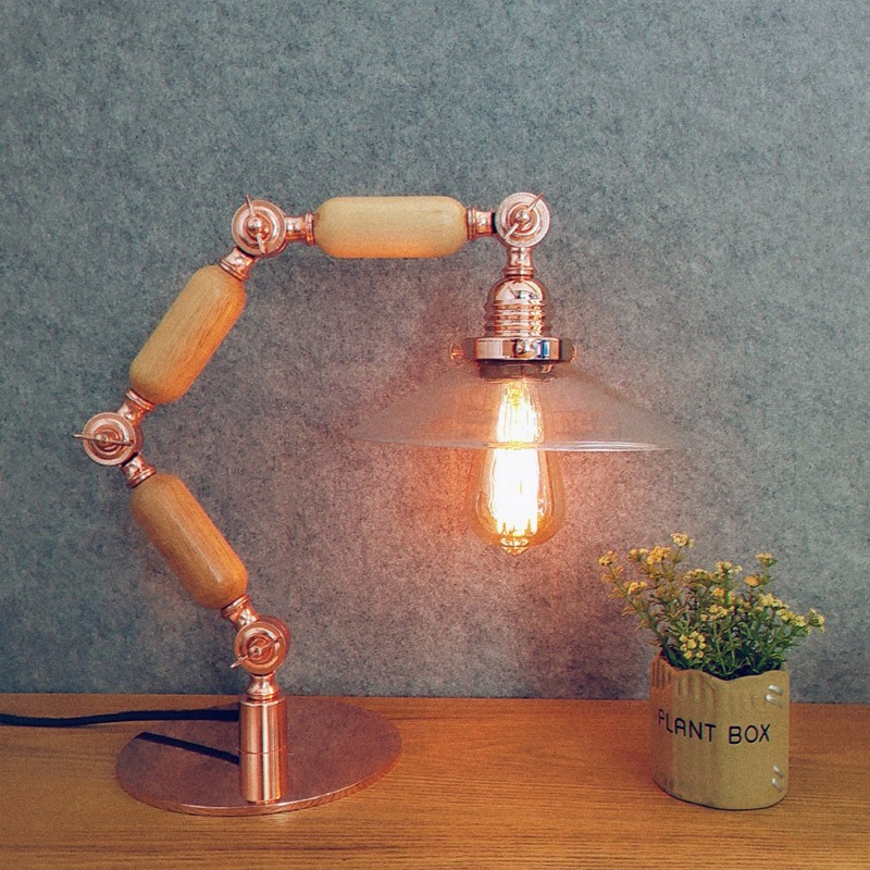 北欧卧室复古床头灯阅读创意家用工作木艺书桌学习玫瑰金玻璃台灯