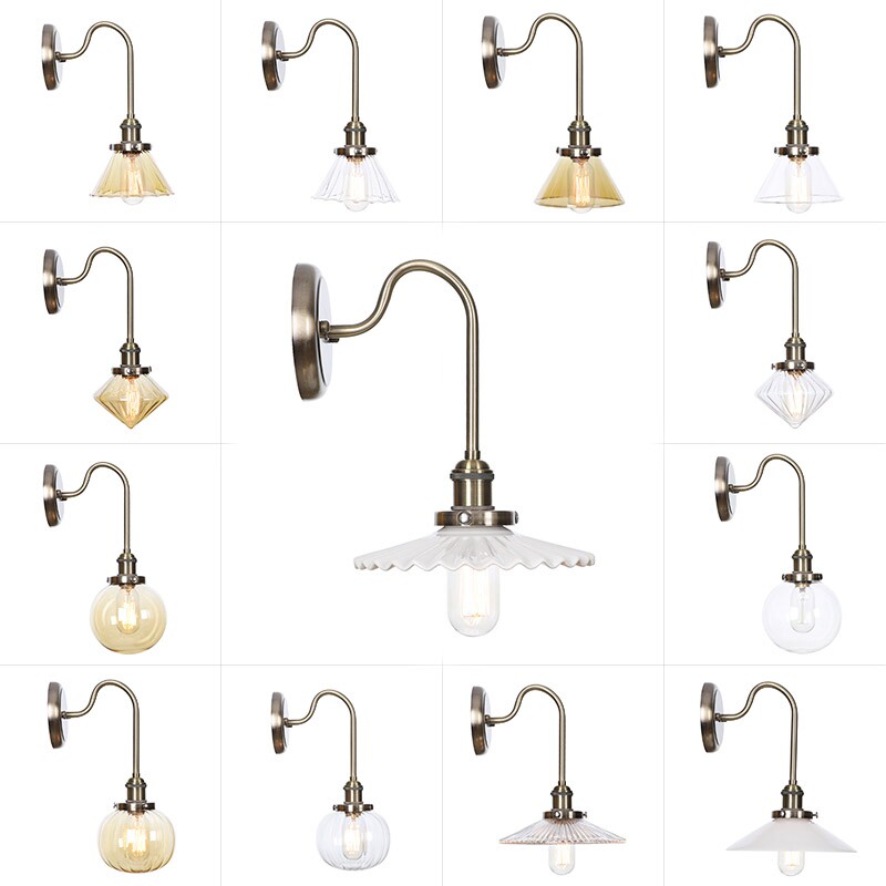 北欧现代简约吧台餐厅灯轻奢玻璃罩单头弯管青古铜卧室床头壁灯