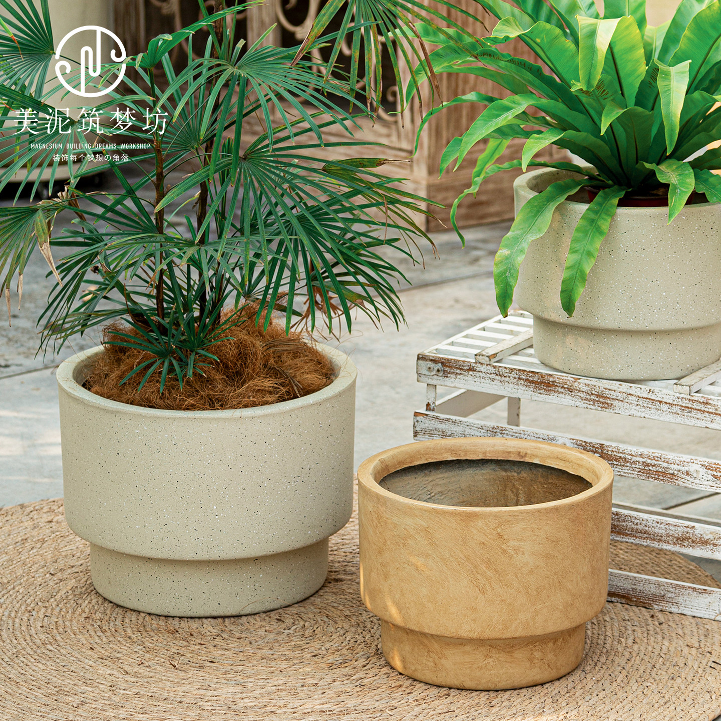 奶油风圆形双层花盆简约镁泥花盆客厅阳台户外蝴蝶兰绿植盆栽白色