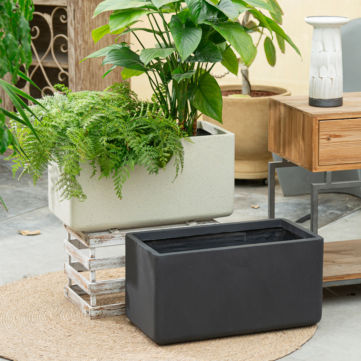 长方形镁泥花盆圆角家用阳台庭院商店水泥花盆白色黑色绿植盆栽大