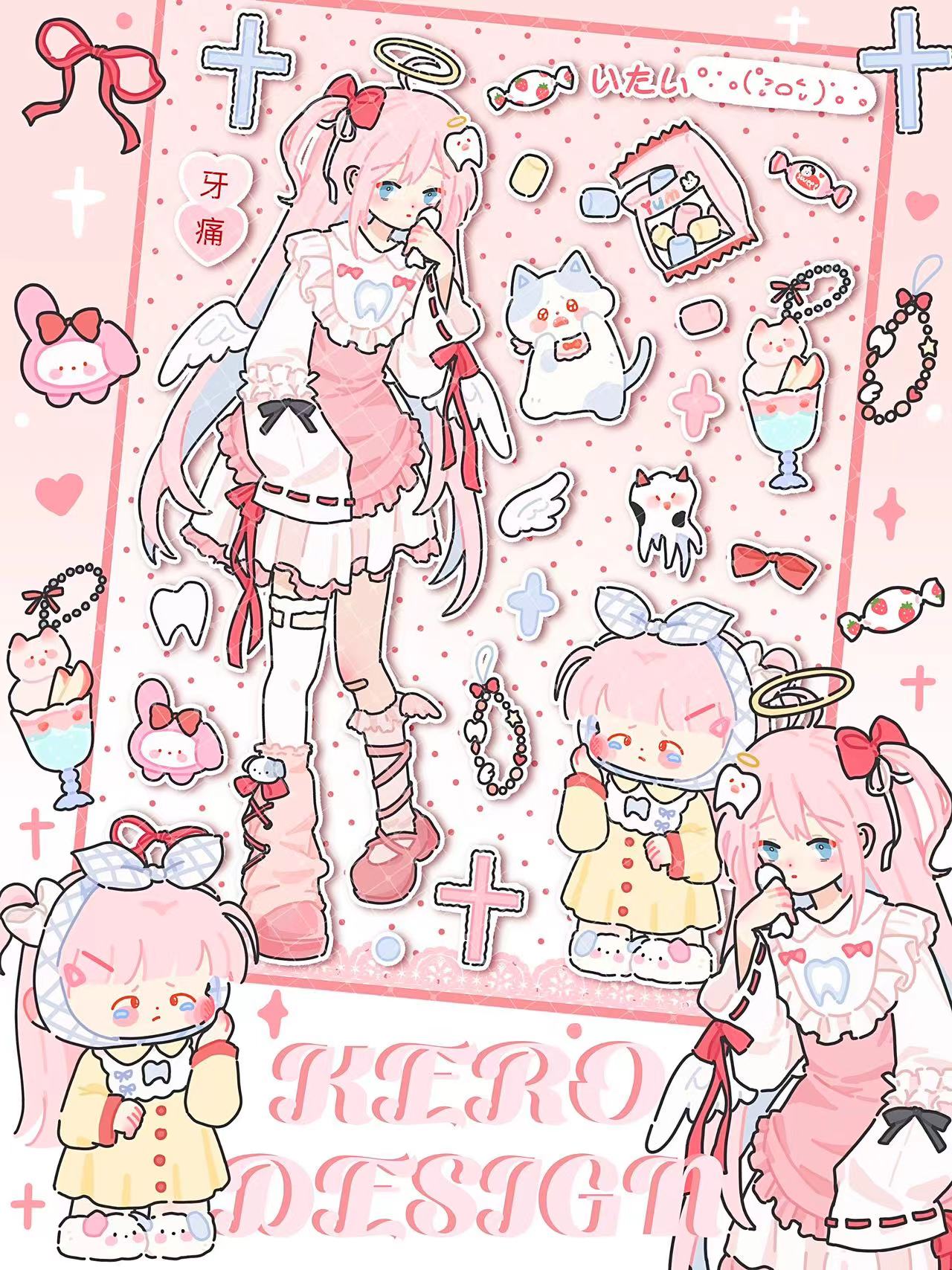 N酱原创少女yk2可爱咕卡贴纸手机拼贴diy闪膜亚膜漫画风