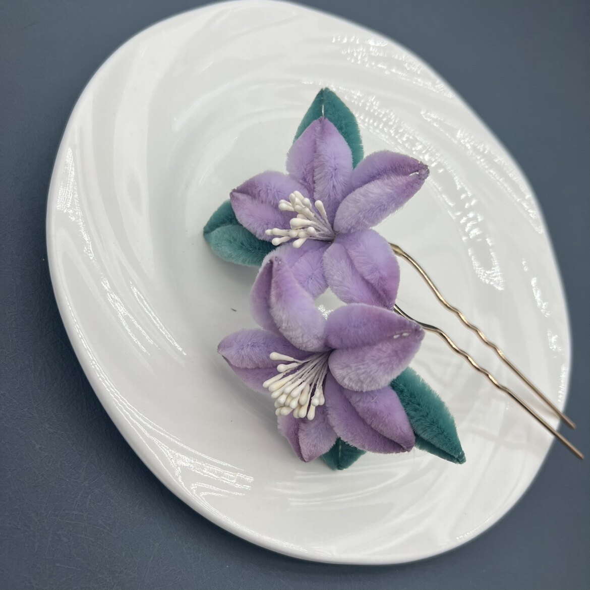 浅紫色仿绒花渐变发簪发夹汉服旗袍国风配饰现货包邮头饰素雅