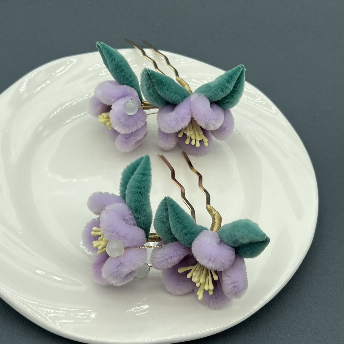原创手工暗黑系仿绒花桃子发簪紫色渐变头饰发簪汉服旗袍国风头饰