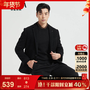 古鲨黑色羽绒西服男高级花色保暖商务直筒西装外套2025冬装新款