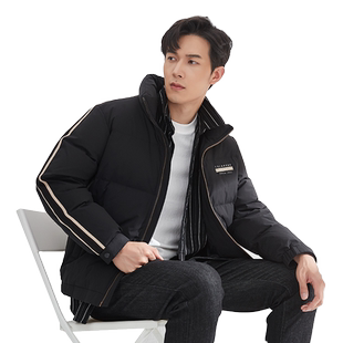 古鲨黑色立领羽绒服侧织带时尚青年直筒厚90绒外套冬装