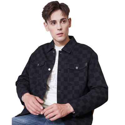 古鲨黑色棋盘格帅气牛仔外套