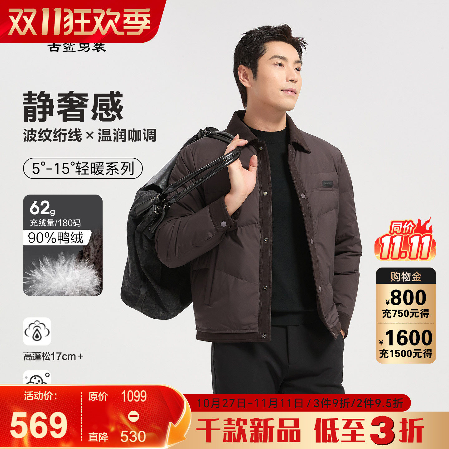 古鲨复古咖针织翻领羽绒服男