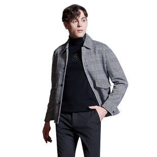 【清仓】古鲨冬装黑色细格羊毛呢子 男士潮流千鸟格毛呢外套
