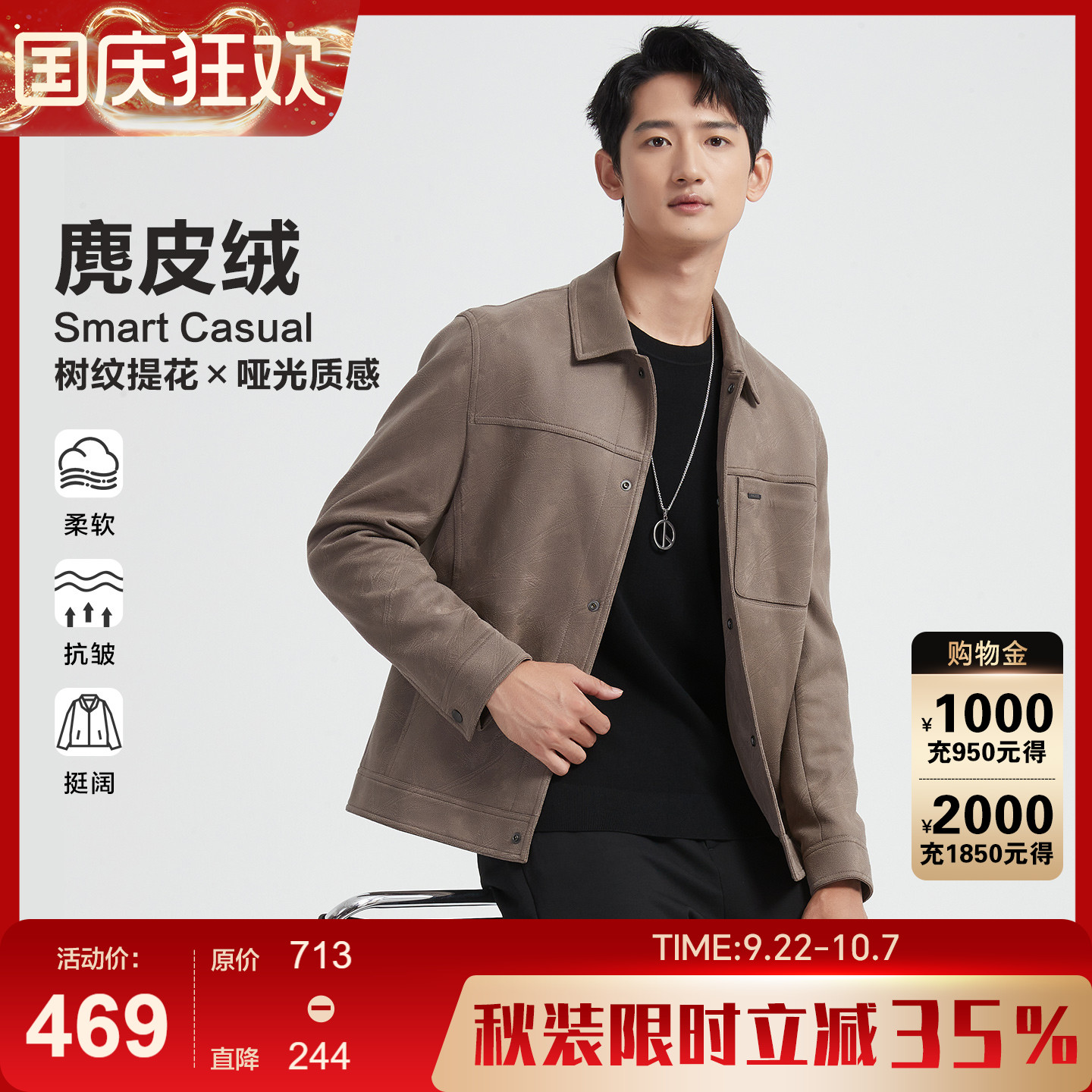 【满印条纹】古鲨咖色翻领夹克男